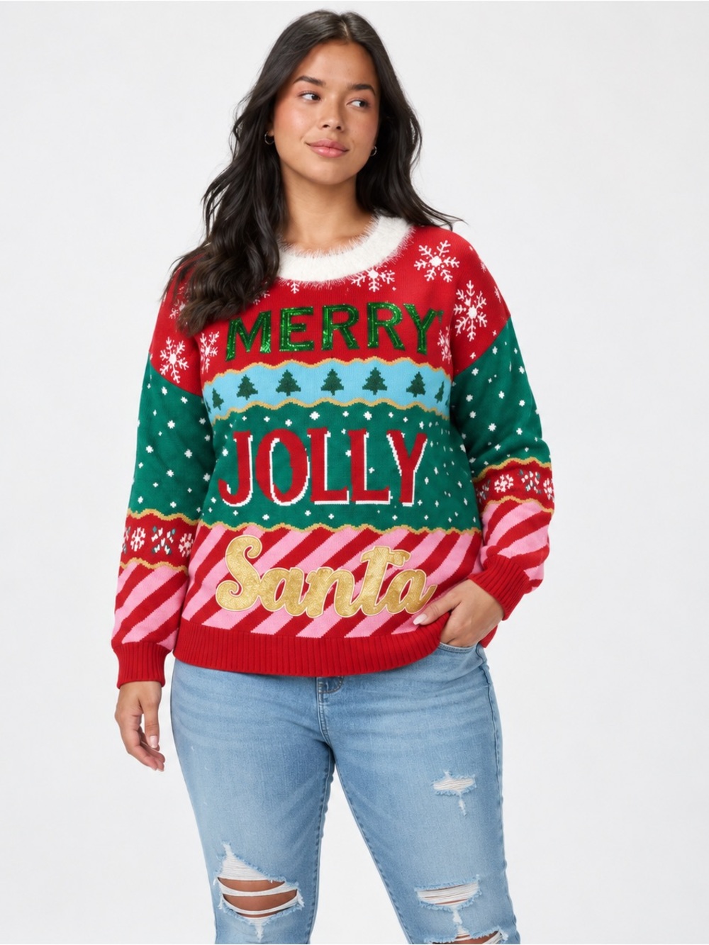 Ugly Christmas Textured Oversized Crew Sweater Merry Jolly Santa Sequin NWT 2X